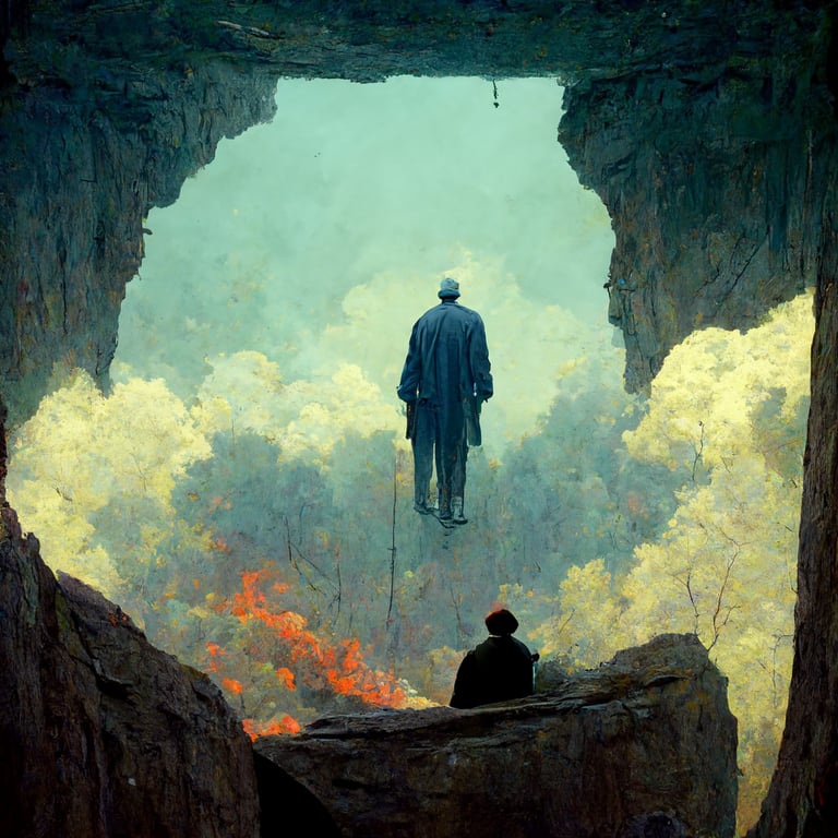 prompthunt: man on the edge of death and life and death watching him