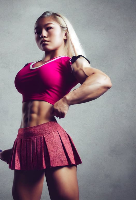 prompthunt: beautiful young Asian bodybuilder blonde young teen schoolgirl  with a big chest and big muscular arms and muscular legs wearing a tight  shirt that pushes up her huge chest, six pack