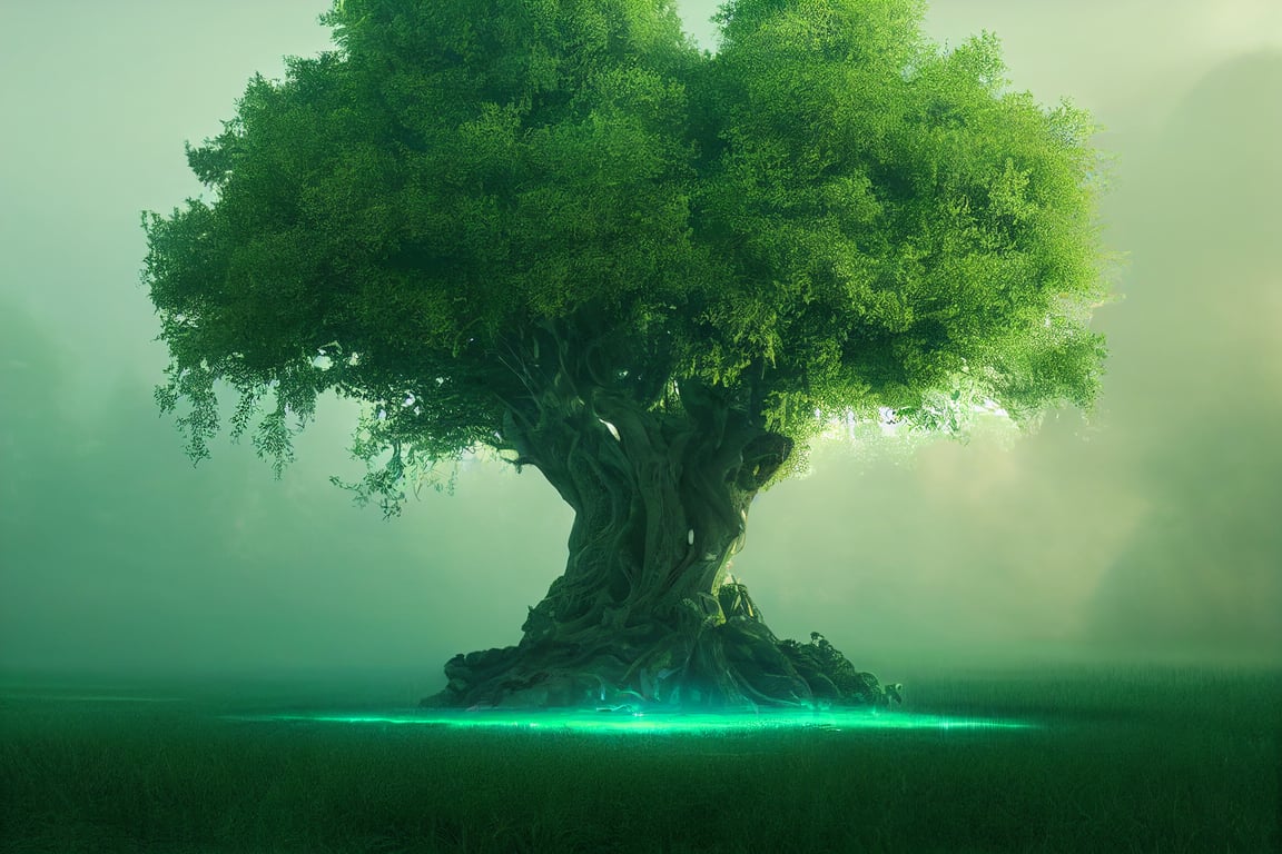 prompthunt iconic, Lote Tree, heavenly, volumetric lighting, mist on