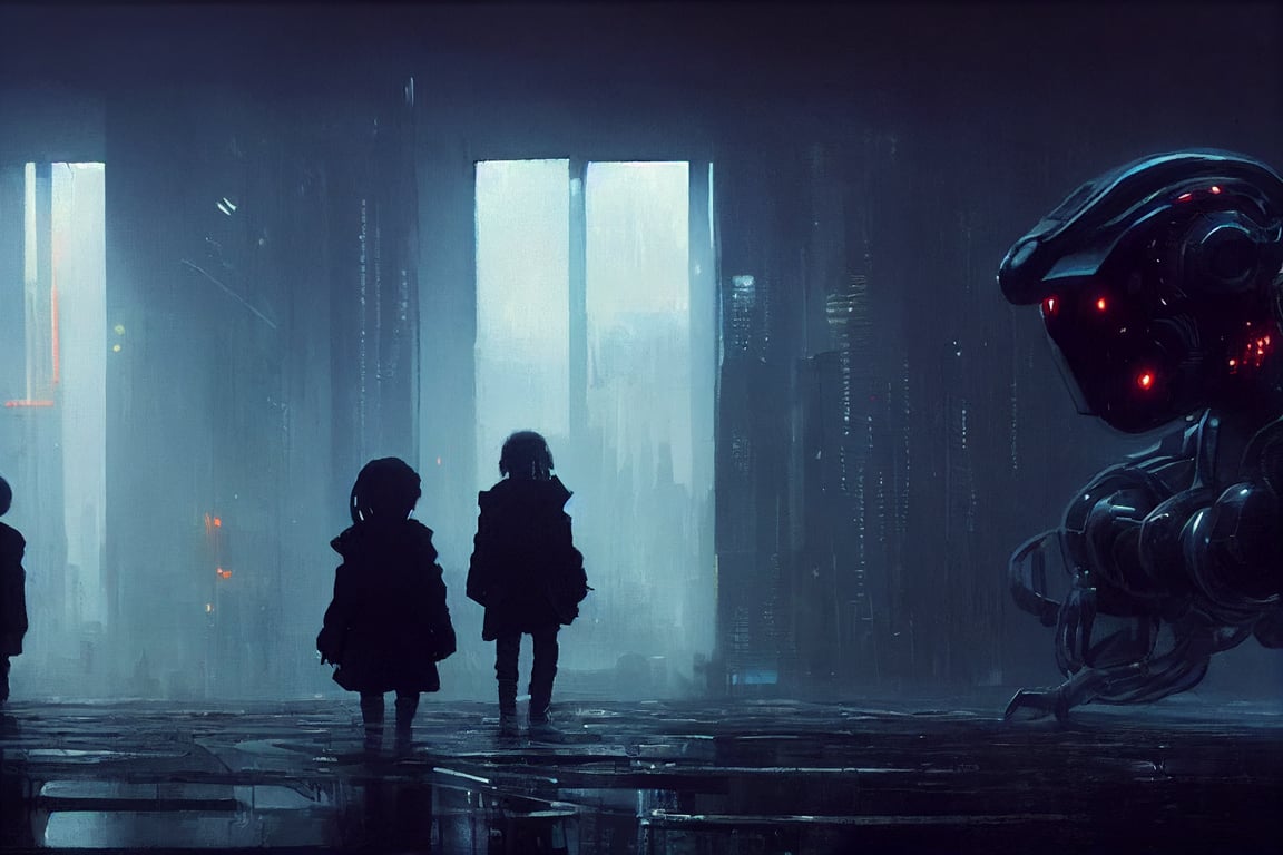 prompthunt terrifying cyberpunk synth ai robot meeting a frightened
