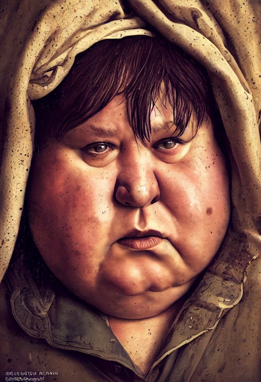 prompthunt: portrait of a fat ugly russian woman in torn muddy dirty  clothes, in full color, photography, maximum details, soft realistic  saturation, soft realistic contrast, high clarity, real life, Dolby Vision  HDR+,
