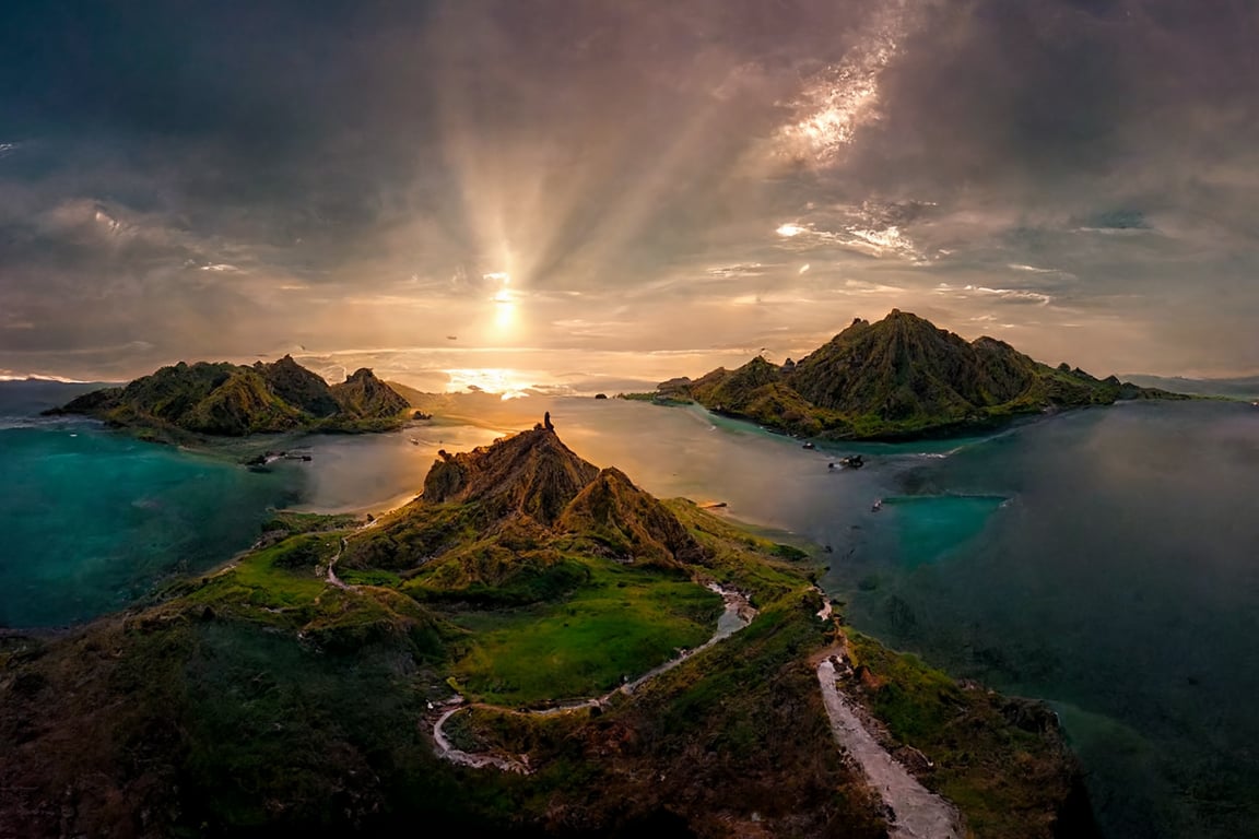 prompthunt: padar island indonesia, majestic scenery, aerial drone  photography, aerial drone view, beautiful lighting, cinematic, highly  detailed and intricate, smooth and sharp, surreal, hdr, photorealistic,  lens flare, wide angle camera view
