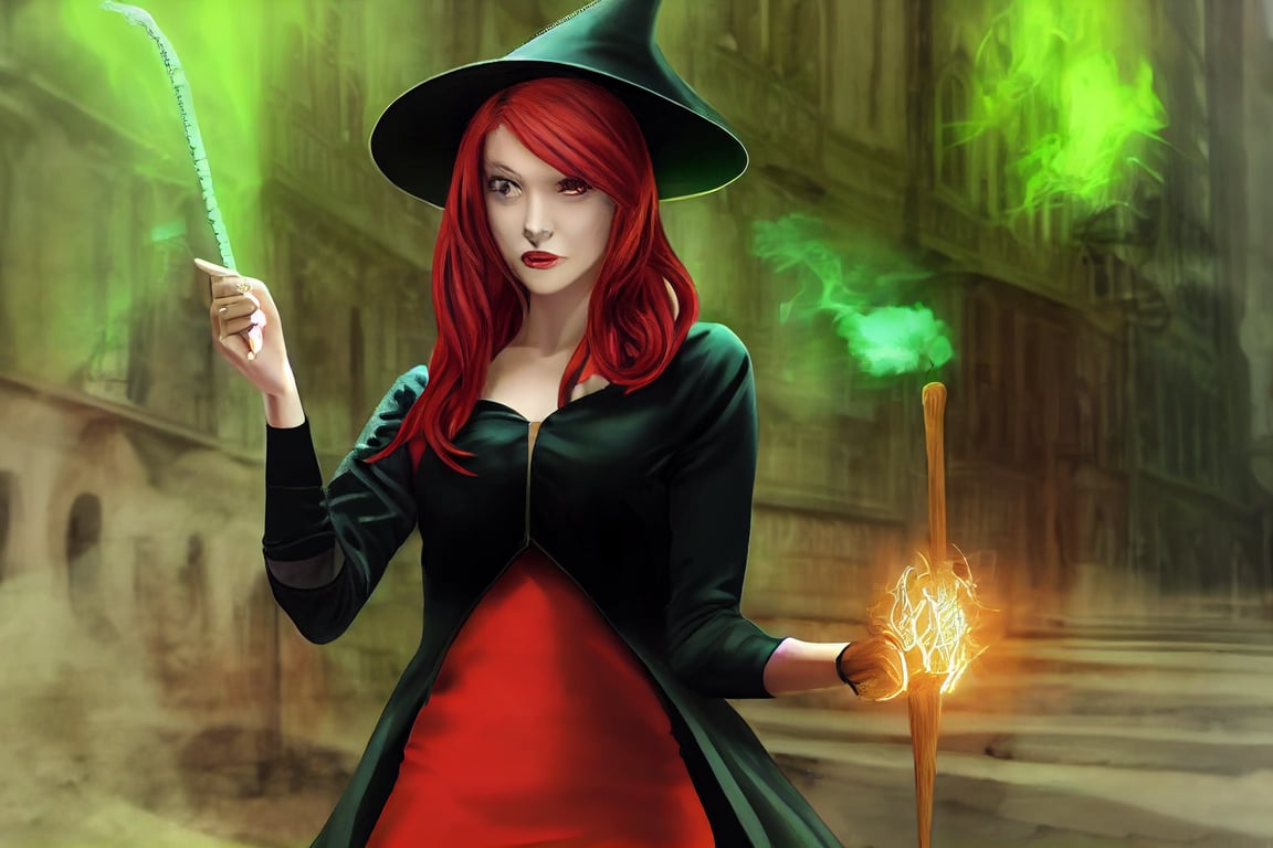 prompthunt: Beautiful witch with bright red hair, wearing a modern, revealing, short, tight black dress and wearing a black witch She is casting a powerful, magical, green colored defense spell from