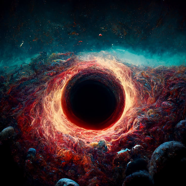 a black hole in deep space, devouring planets, cosmic horror, cosmos, nebulae, starfield, epic, scary, hyper-realistic, cinematic, colorful