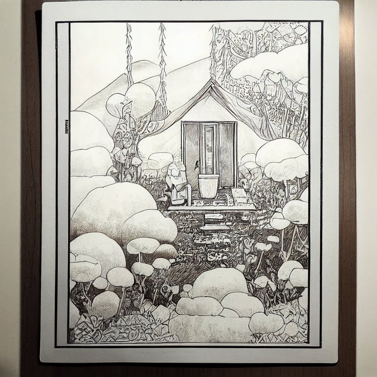 prompthunt: a black and white line art colouring book page, beautiful  drawing, a tiny bathroom in a restaurant, Studio Ghibli, Key art