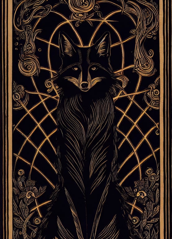 prompthunt: The gothic black fox. Tarot card design, beautiful composition,  intricate design, life and death, dark, art nouveau