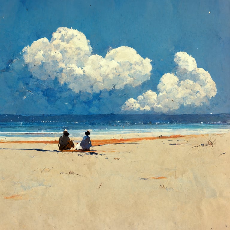 A couple sunbathing on the beach under blue sky and white clouds