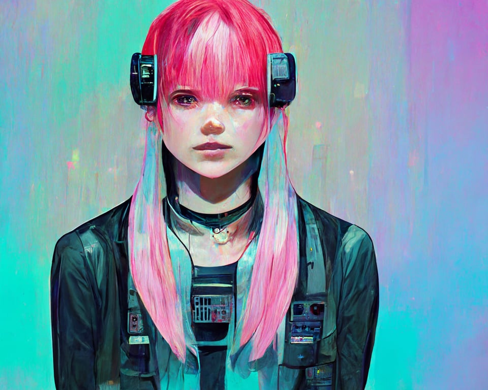 Anime Virtual-Idol, Hologram singer, trans punk girl, pink hair, Cyberpunk