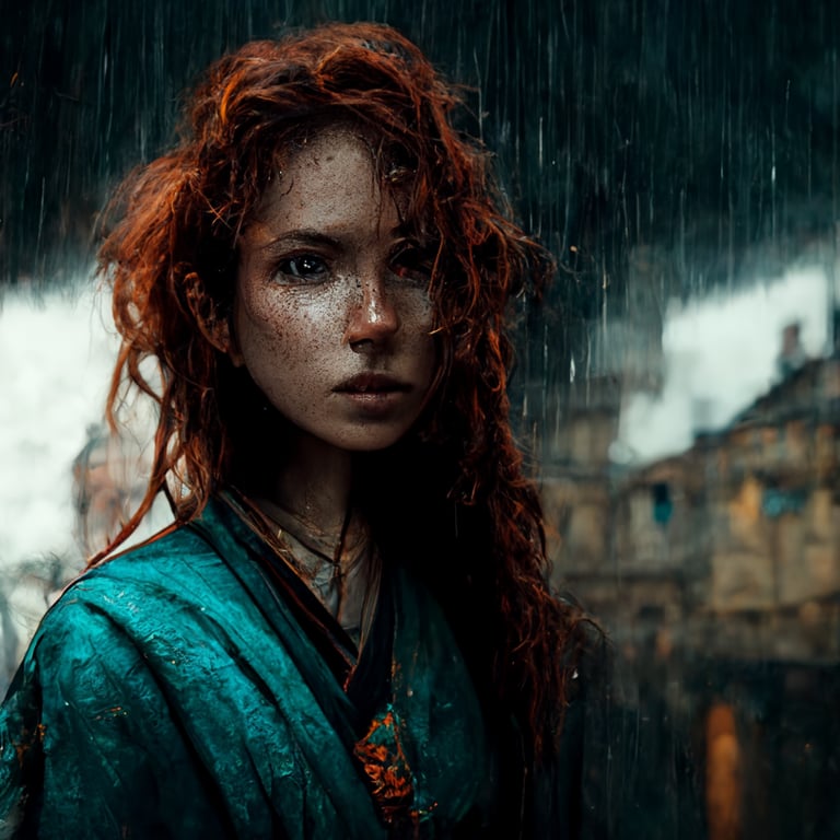 prompthunt: a beautiful fierce redhead woman, nice eyes, messy hair, torn  clothes, Scales adornments, head to feet, historical epic atmosphere, in a  old medieval town under heavy rain, quick action, fast motion,