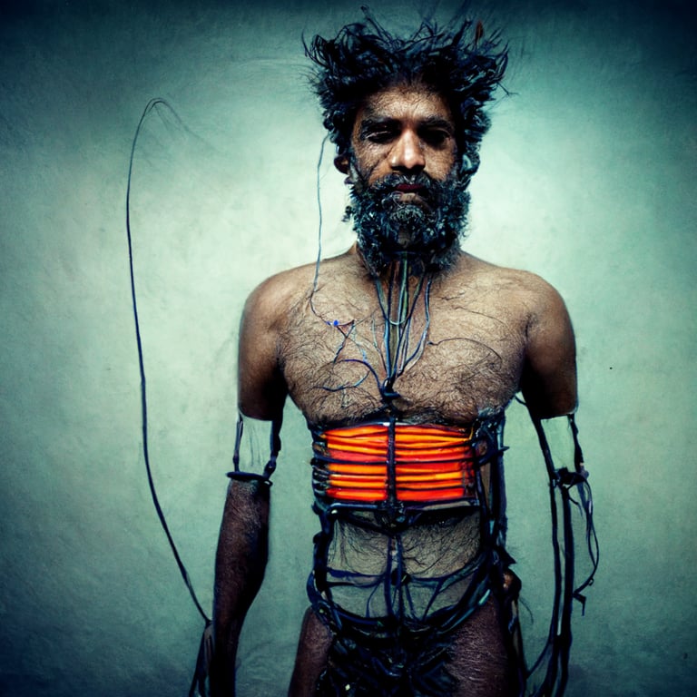 prompthunt: a high tech harness wrapped around a hairy indian man with  wires attached to all his limbs