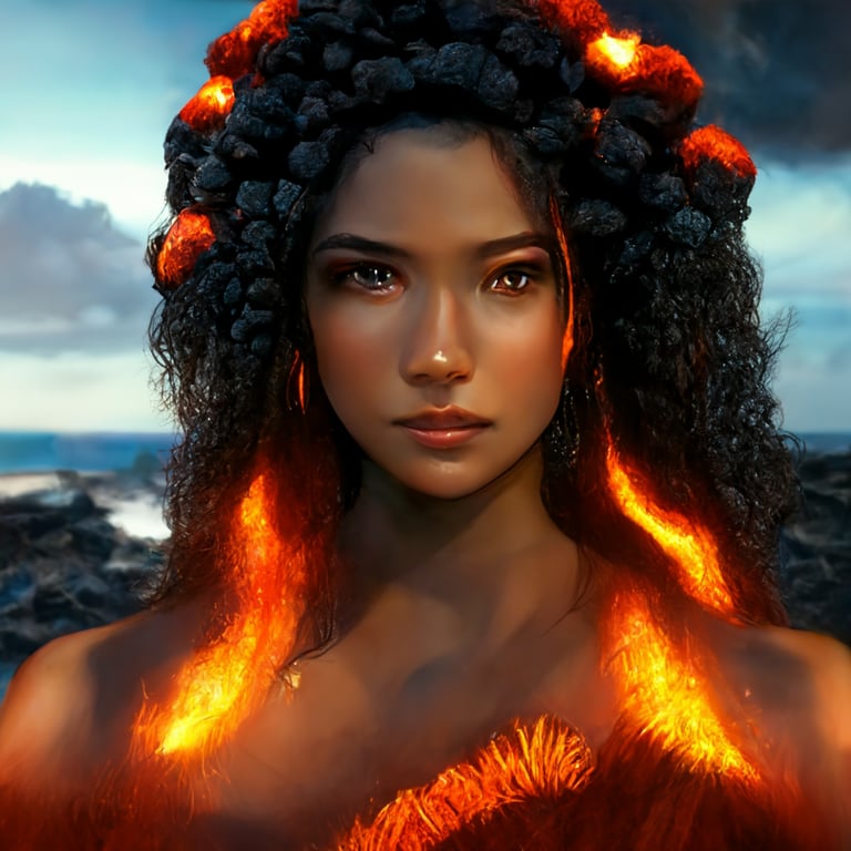 pele the volcanic fire goddess, beautiful Hawaiian woman, hair is smooth flowing lava and fire glowing, walking out of lava, with a Volcano eruption behind here and the ocean , sexygoddess, fantasy, sci-fi fantasy, in Hawaii, highly detailed, cinematic, photorealistic, hyper realism, perfect face, perfect eyes, volumetric lighting, hdr, 4k, 8k, hyper realism, hyper realistic, hyper detailed, unreal engine, blender, Octanerender, renderman, ambiance lighting, 3d, smooth skin, body swirling with fire magic. Full body.