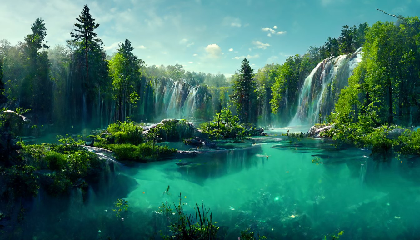 Beautiful landscapes with green forest and a tall aqua colored waterfall with a crystal clear lake with beautiful sky and forest animals walking around, realistic, 4k, vibrant