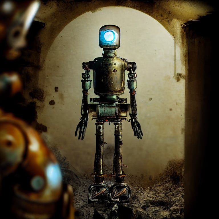 prompthunt: old rusted humanoid robot, robot is inside mine, robot is damaged, realistic, fantasy, definition