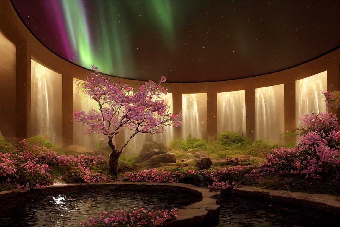 prompthunt: Home interior of pride + Good Morning Arctica, Journey, galaxy sky, aurora godlight, utopian future, beautiful romantic atmosphere, waterfalls, fountains, cherry blossoms and peach blossoms plum blossoms, elemental