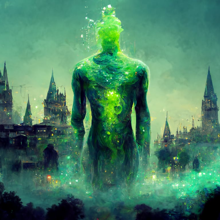 humanoid male slime, green, male, wizard, alchemist, fantasy art, magical city background