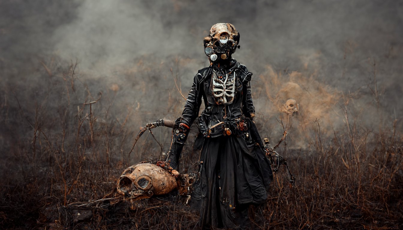 prompthunt: stitched together skin suit, butcher in the apocalypse, Man-witch in an apocalyptic wasteland wearing leather and bones, makeup, 3d render, photo real,