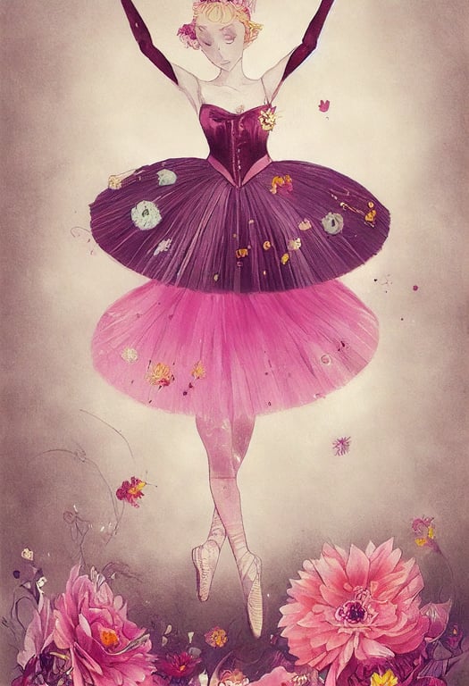prompthunt: a colourful line drawing of a beautiful ballerina Princess,  gorgeous anime eyes, long blonde hair + tilted crown, wearing a tulle tutu  + flowers, butterflies, tiny hearts + in the style