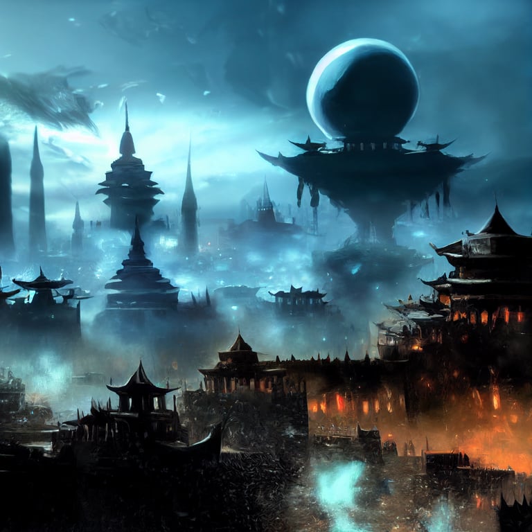 prompthunt: guild wars 2 loading screen. oriental city in a dark-grey  desert. Huge black orb building in the middle of the city
