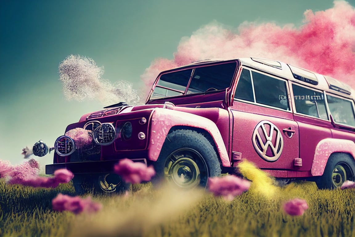 prompthunt: a 4-wheel robot Vintage Colorfull Volkswagon car with big Shiny  iron EXHAUST , with toxic and creative smoke ,Hitting stuff and breaking ,  Robot is joy riding the wild flowers. Dirt