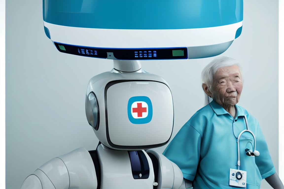 prompthunt: **advertising of nursing robot helping support elderly man or  woman , Japanese style,see name “nurse mate“ , robot is helping support  elderly people, put information and price labels of robot in
