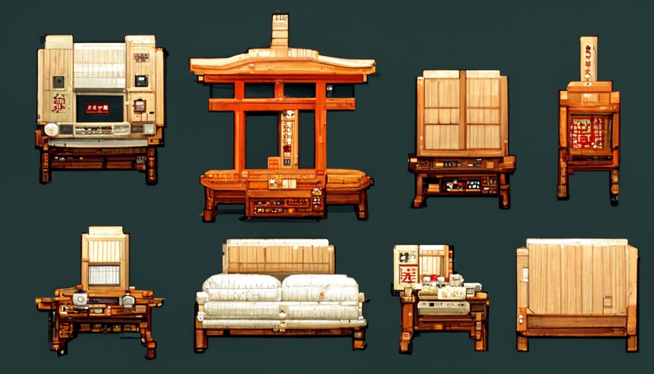 sprite sheet, old japanese style furnitures + 16bit, all furnitures are different kinds, pixel art
