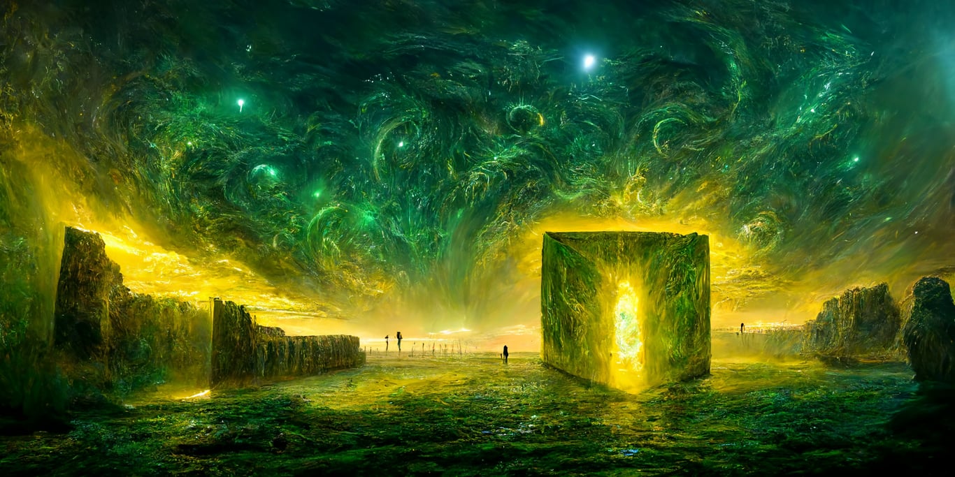 prompthunt: huge long cube portal made of green witch , yellow monster  ,Milky Way galaxy in the background , scar in the sky, giant demons ,water  waves , sunrise , Giant rectangular gate