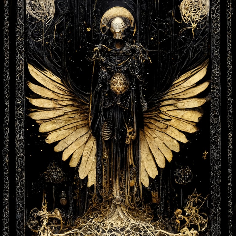 prompthunt: The angel tarot card, intricate details, photorealistic, gold  and silver combinaison, hyperdetailed, 8k, ray tracing reflection,  chromatic, black ink, with strong black boarder and some gothic ornamentic,  symmetrical, ghotic horror, dungeons