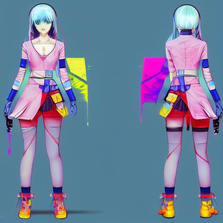 prompthunt anime girl character sheet, cyberpunk outfit, vibrant colors