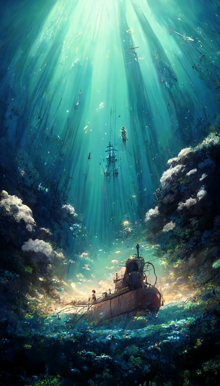 Dramatic scene, pixar style anime Submarine, artwork by granblue fantasy, artgerm, attack on titan, high quality, Underwater background, smooth cell shading