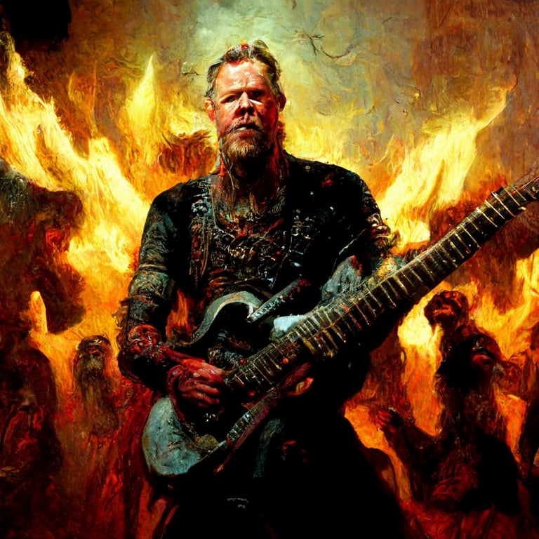 prompthunt: viking james hetfield playing electric guitar in hell