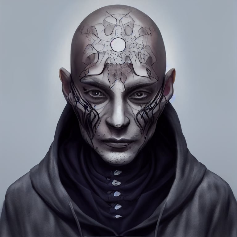 Bald dark wizard face tattoos lifestyle portrait fantasy concept art glowing hand grey skin