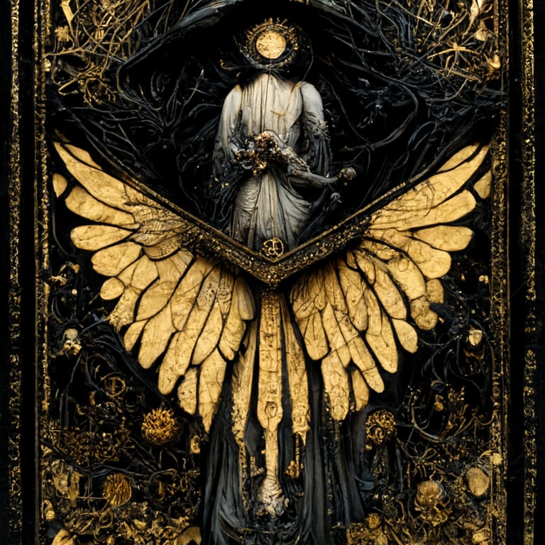 prompthunt: The angel tarot card, intricate details, photorealistic, gold  and silver combinaison, hyperdetailed, 8k, ray tracing reflection,  chromatic, black ink, with strong black boarder and some gothic ornamentic,  symmetrical, ghotic horror, dungeons