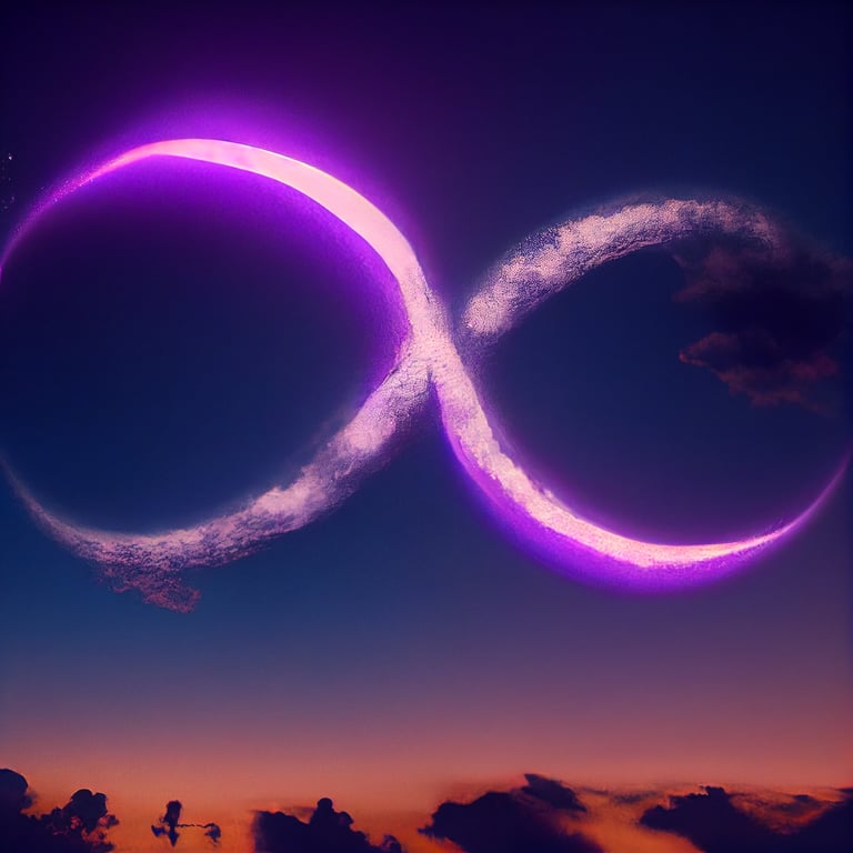 infinity symbol in the sky, purple, teal, ultraphotorealism, unreal engine 5, 8k