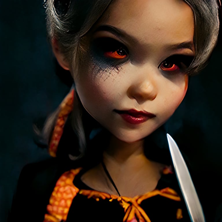 prompthunt: Evil barbie doll with a knife, Halloween, 4k, high definition