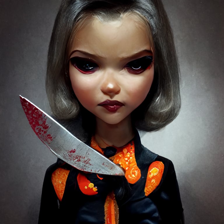 prompthunt: Evil barbie doll with a knife, halloween style