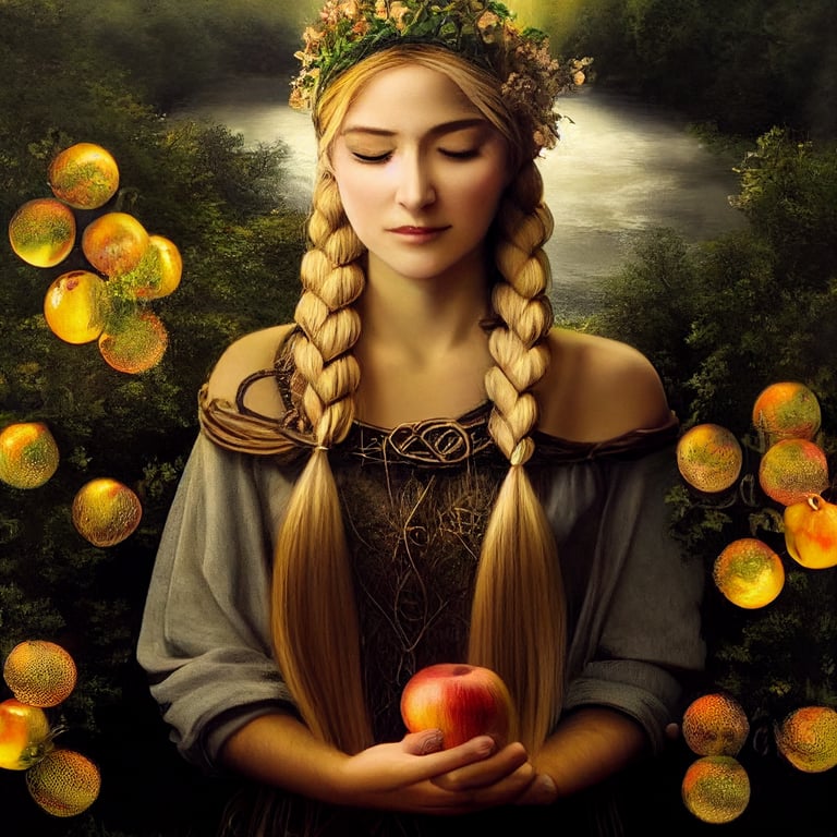 celtic goddess Nantosuelta, long braided blonde hair, beautiful, serene, holding a small beehive, near a river, apple trees, sunshine, blobs of light, beams of sun
