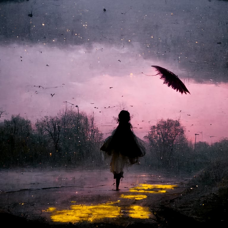 prompthunt: an angel with yellow wings made of glass walking towards the  light. ravens in the sky. somber. magical. rain. tiny sparks of pale pink  on the ground, faded colors. dusk