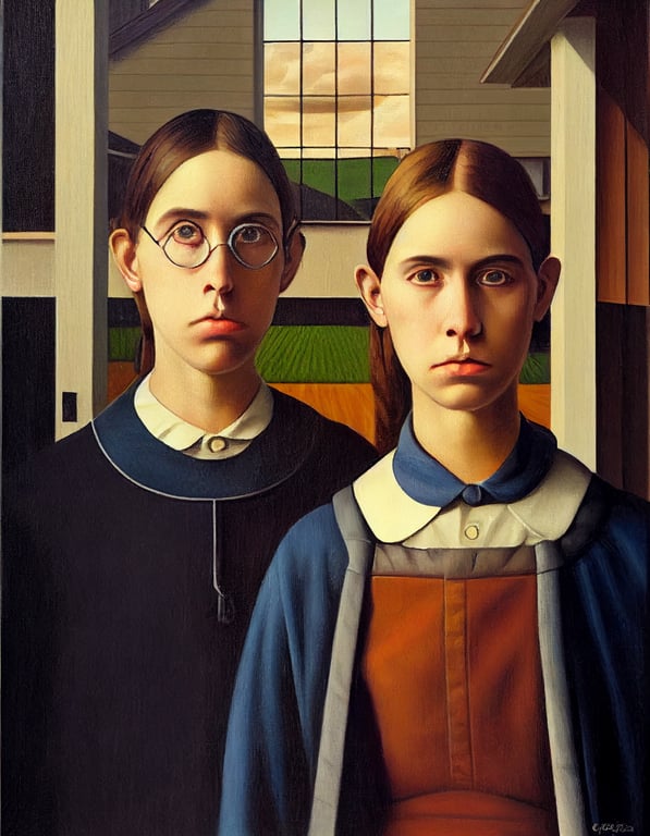 prompthunt: teenagers in American Gothic painting by grant wood, realistic  detailed eyes