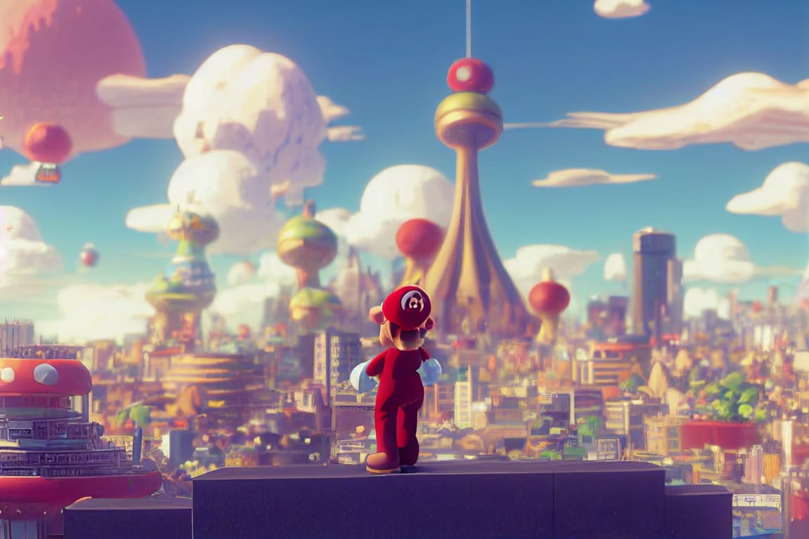 prompthunt: super mario in foreground looking at vast landscape of new