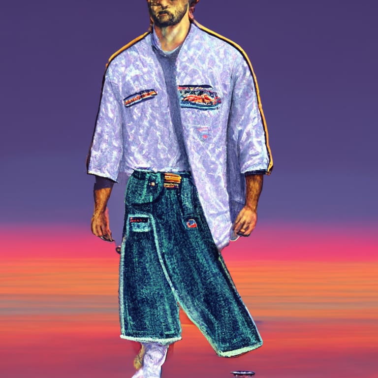 prompthunt: **Cruzin with Steak while rollerblading with an unbutton shirt  JNCO jeans and frosted tips