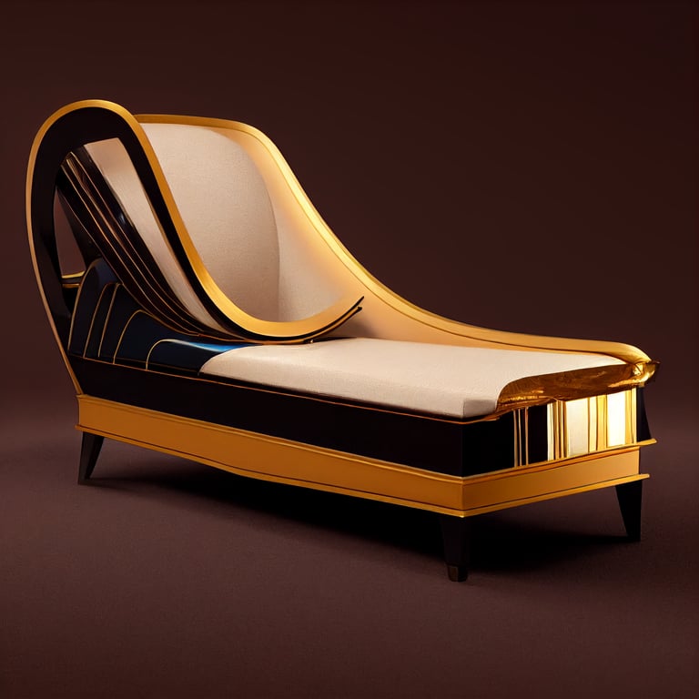 prompthunt: futuristic art deco chaise longue, gold black and beige tones,  highly detailed, sharp edges, Artstation, 8k