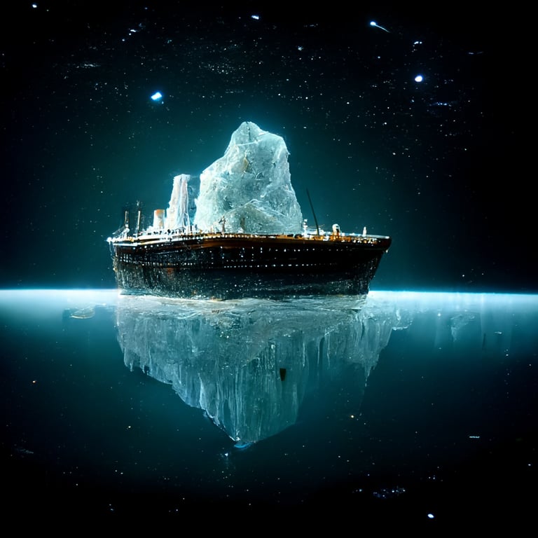 The Titanic sinking, hyper realistic, Swiss cheese iceberg floating in the background, starry sky, high definition