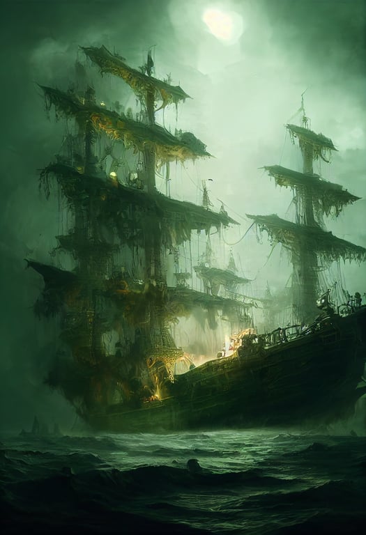 Ghost pirates ship, Glowing Green, Hyperdetailed, Concept art, Dark Fantasy, Magic, Lucas Graciano, Jean-Baptiste Monge, Aleksi Briclot, intricate detail, 8k octane