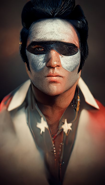 Horizontaal Eeuwigdurend ondernemen prompthunt: Lone Ranger wearing eye mask as Elvis Presley, medium shot, lit  from front, realistic, octane redner, unreal engine, epic,