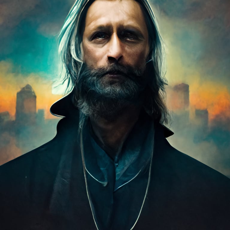 prompthunt: from low angled camera, mads mikkelsen as evil wizard, long hair  and beard, strong jawline, bright eyes, magic lighting, wide aperature,  city landscape, arcane energy cloud, portal