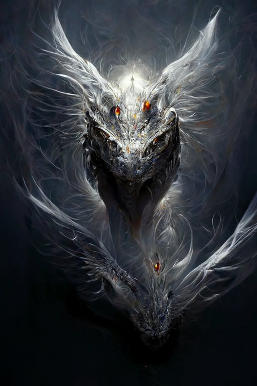 prompthunt: full medium shot of a fierce flying silver dragon, magical, glowing eyes, beautiful, magnificent, fantasy creature, reptile mythology, perfect lines, inspired by Deathwing from World of Warcraft, trending on art station,
