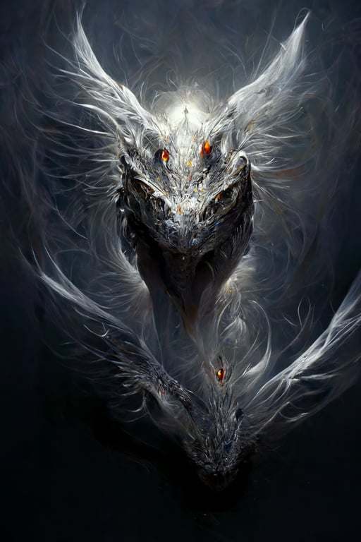 prompthunt: full medium shot of a fierce flying silver dragon, magical, glowing eyes, beautiful, magnificent, fantasy creature, reptile mythology, perfect lines, inspired by Deathwing from World of Warcraft, trending on art station,