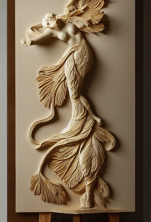 prompthunt Relief wood carving dancing sculpture painted with acrylic