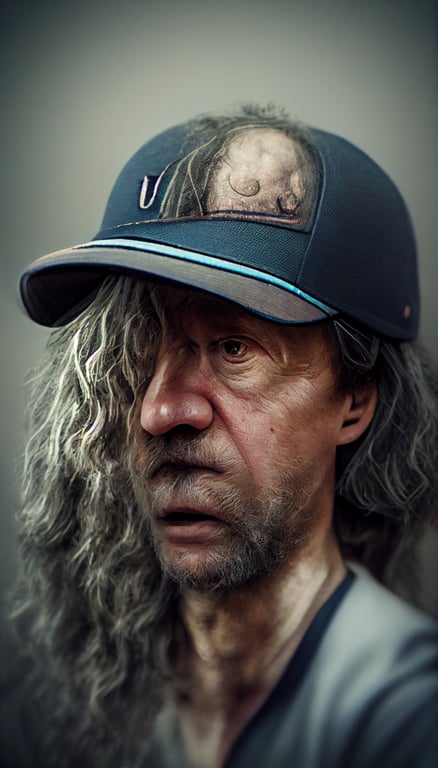 prompthunt: middle aged man wearing a baseball cap, long unkempt hair,  grotesque, photo, cinema verite, urban realism, award winning, 8k