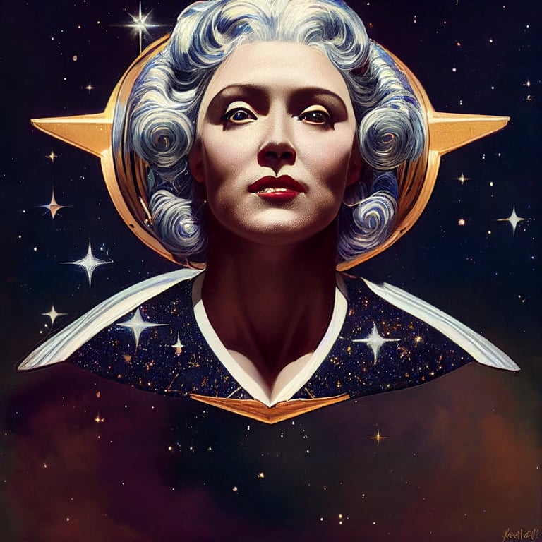 Beautiful queen of the galaxy, white hair, blue dress, elaborate silver jewelry, stars, galaxies, nebulas, high detail, J.C. Leyendecker